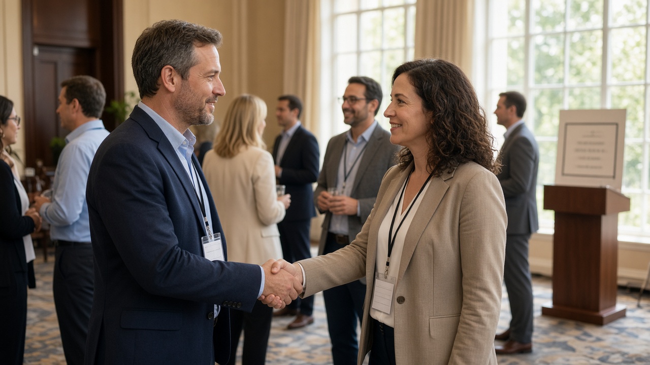 Profissionais em um encontro de networking cumprimentam-se com crachás de conferência.